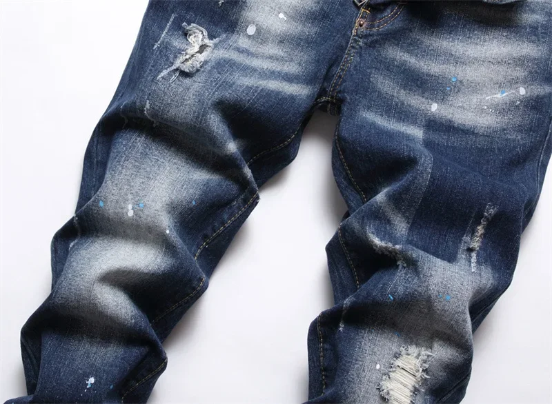 Celana Jeans sobek untuk pria, celana Denim biru merek mewah klasik, celana jins ketat melar ukuran 44-54 untuk pria