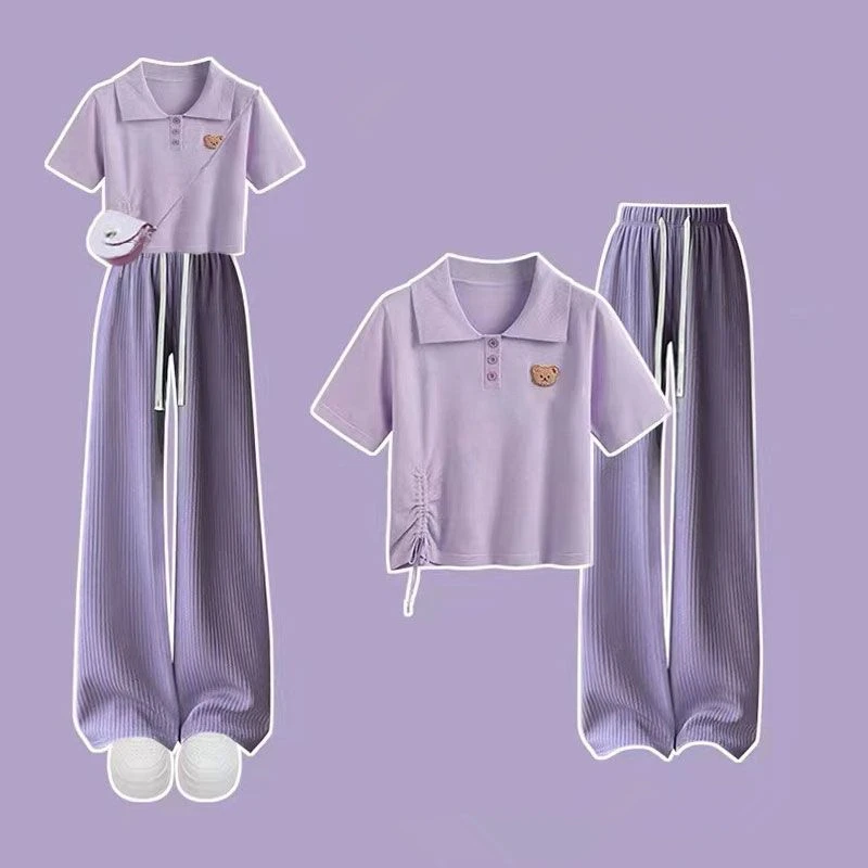 Conjunto feminino curto polo roxo e calças compridas, tops bonitos de urso, roupas estilo coreano, estilo Lady Preppy, conjunto de 1 ou 2 peças, verão