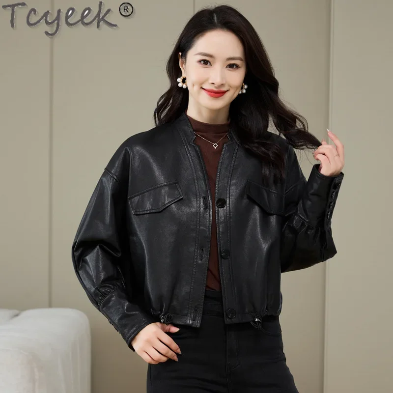 Tcyeek-Chaqueta de cuero auténtico para mujer, abrigo de piel de oveja auténtica, ropa de motocicleta, primavera y otoño