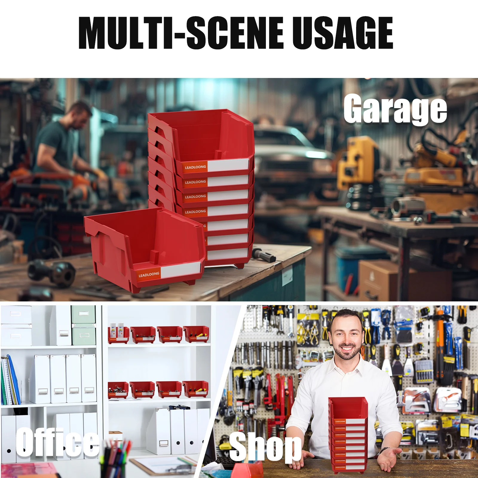 6/24 Pcs Red Stackable Plastic Parts Bins - 5"x4"x3" Garage Tool Storage Containers - Heavy-Duty Organizer Bins for Workshop