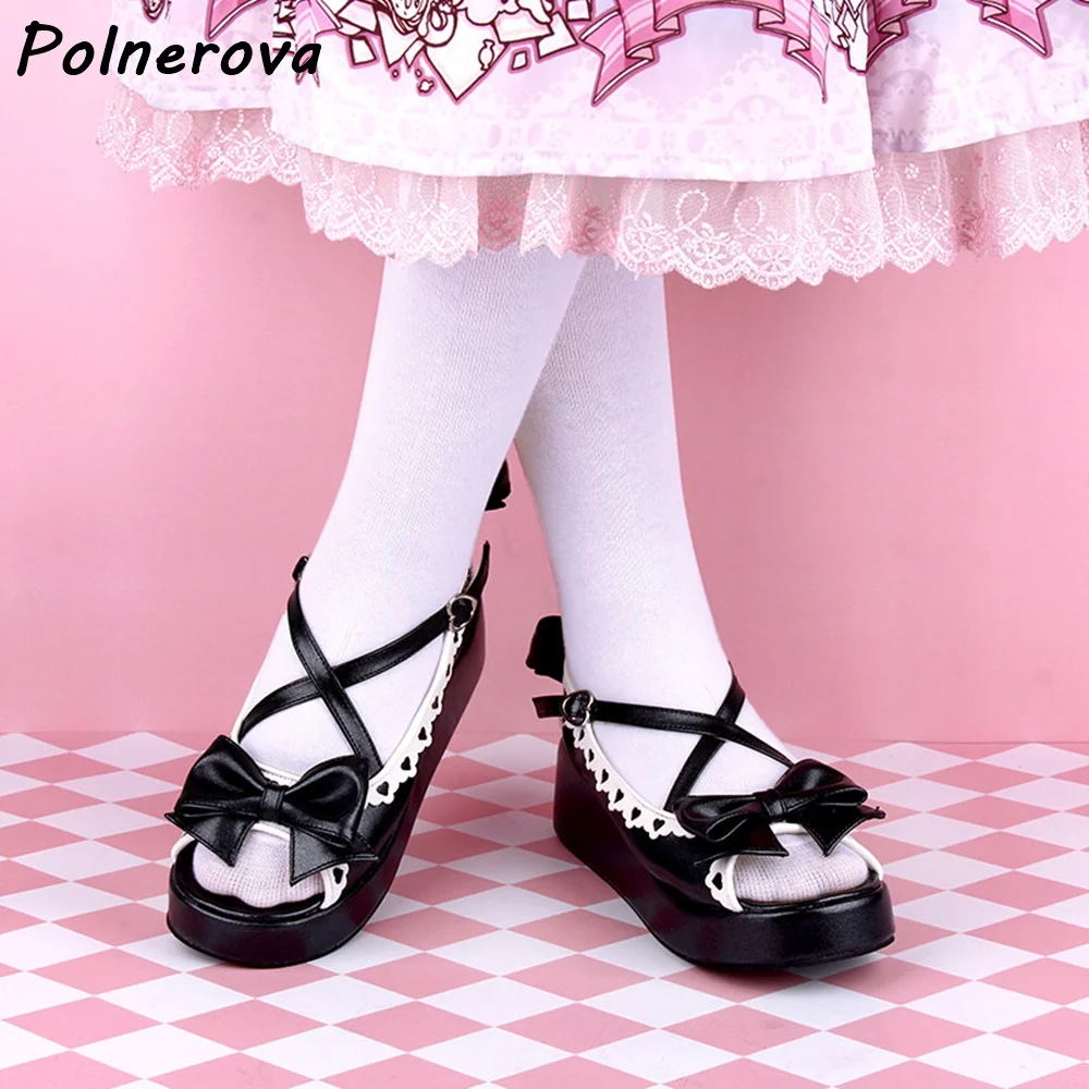 Sweet Lolita Bow Wedge Sandals Platform Heart Lace Trim Ankle Strap Open Toe Casual Shoes Summer Hollow Heart Lovely Shoes