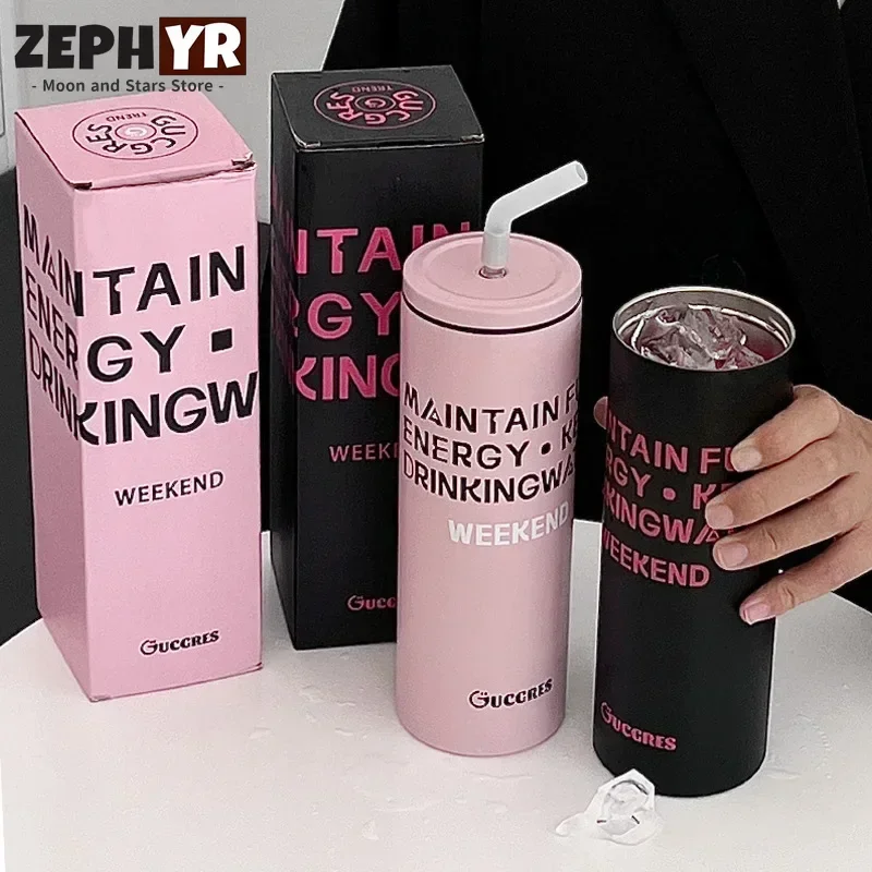 Termo estético con pajita de 500ml, botella De Agua De café De acero inoxidable 304 rosa y negro, Garrafa térmica novedosa Termo