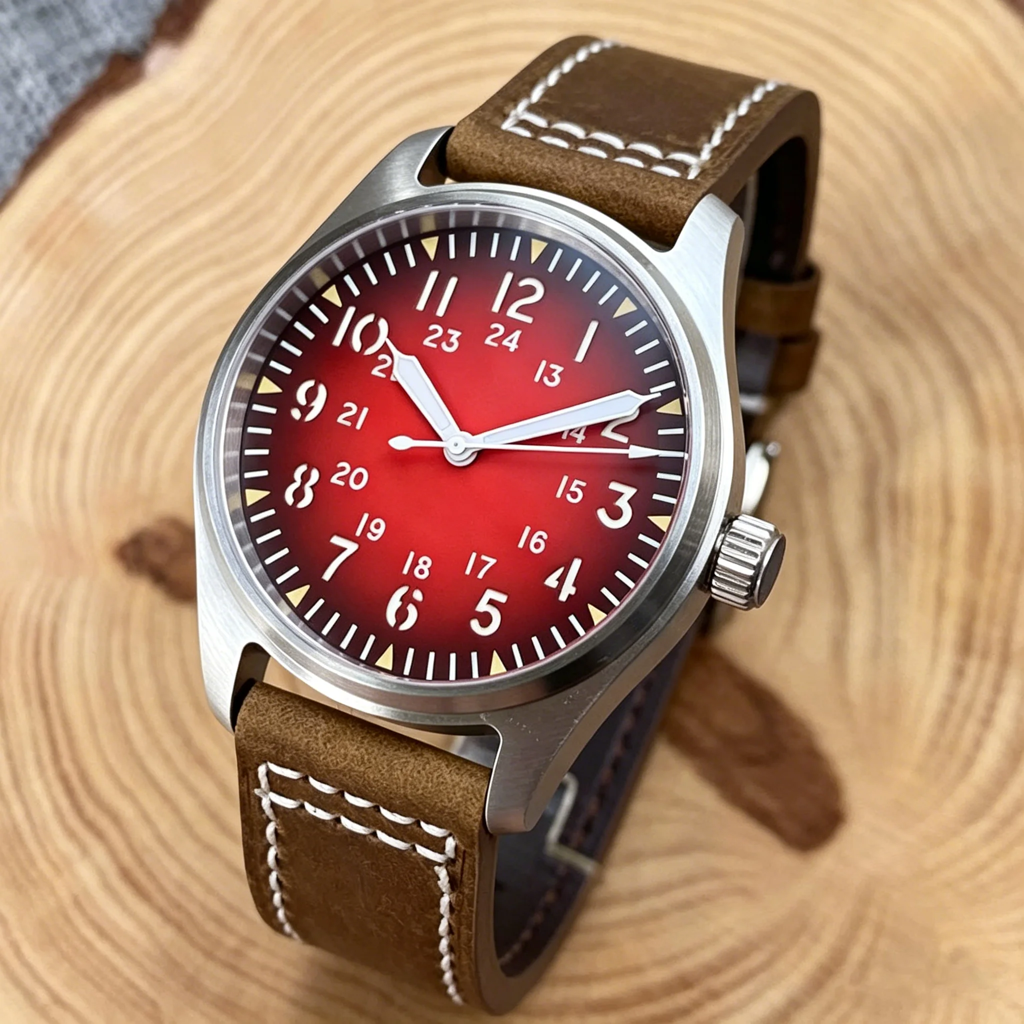 Tandorio 39mm Stainless Steel Japan NH35 Automatic Men Watch Sapphire Glass 20ATM Pilot Style Diver Men Watch Leather