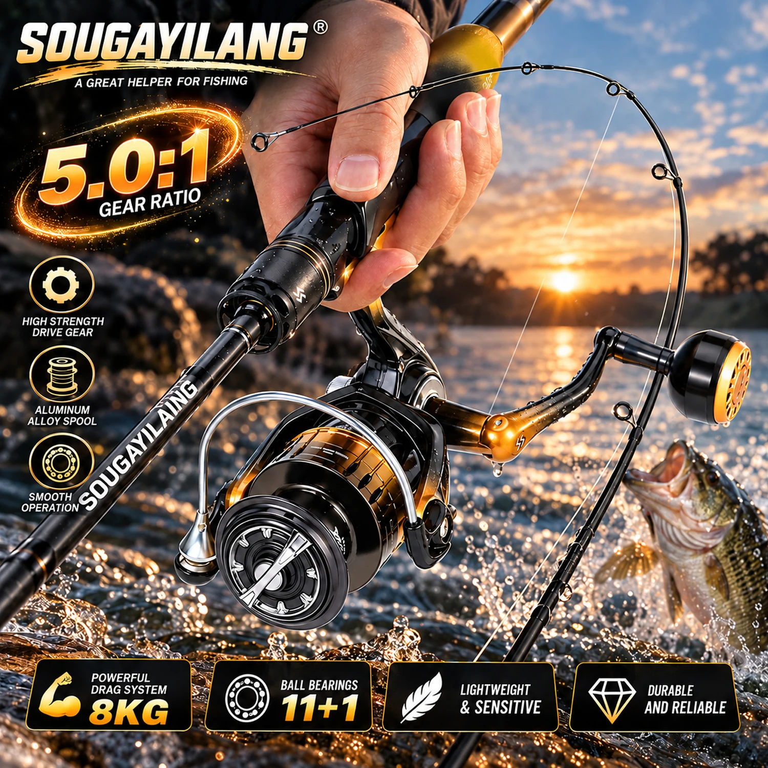 Sougayilang Angelrute Reel Combo High Carbon Rod Body 5,0:1 Übersetzungsverhältnis Zink-legierung Getriebe Reel Komplette Angelausrüstung