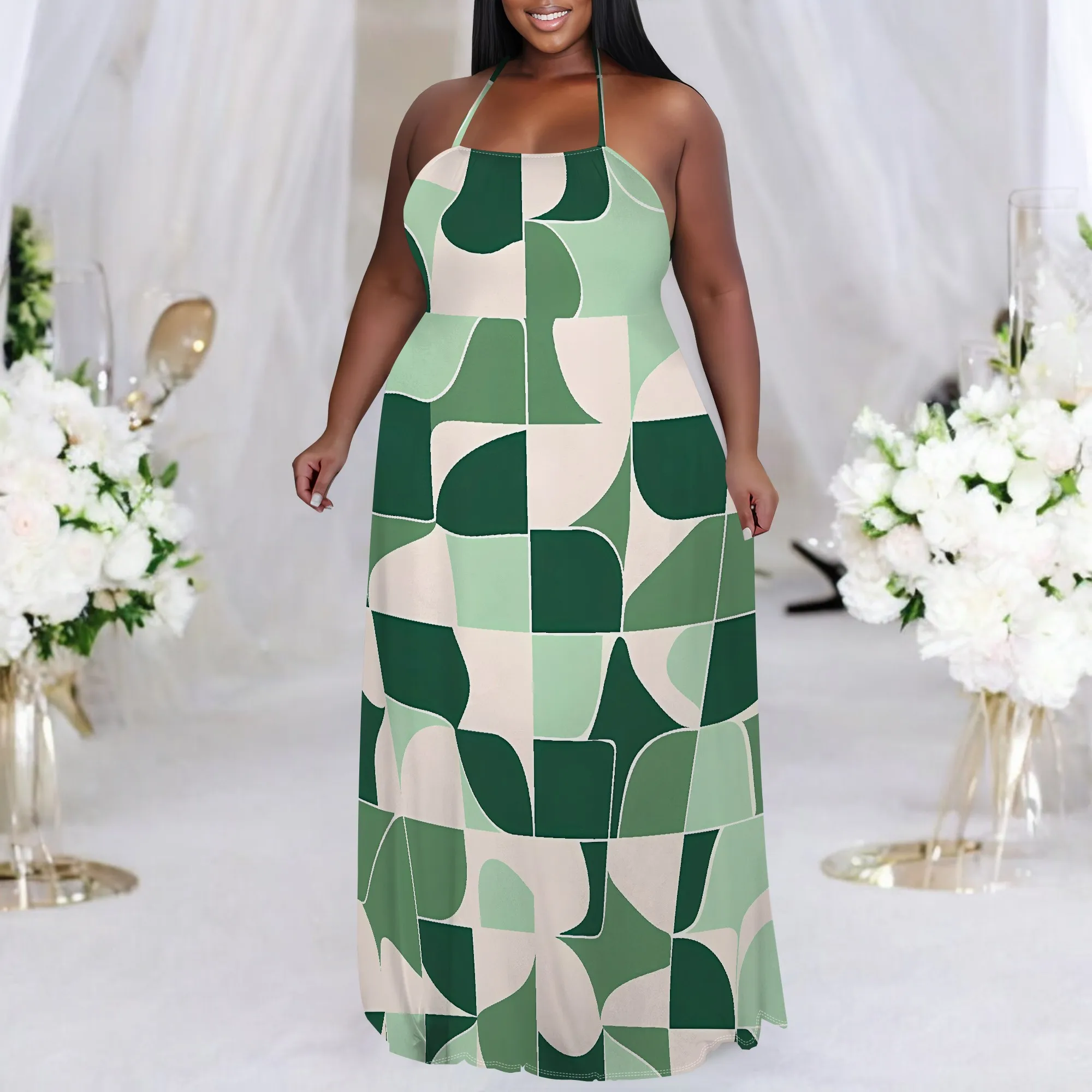 

Plus Size Womens Casual Long-sleeved Dress for Women Sexy 3D Printed halterneck dress Loose Plus Size Maxi Dress