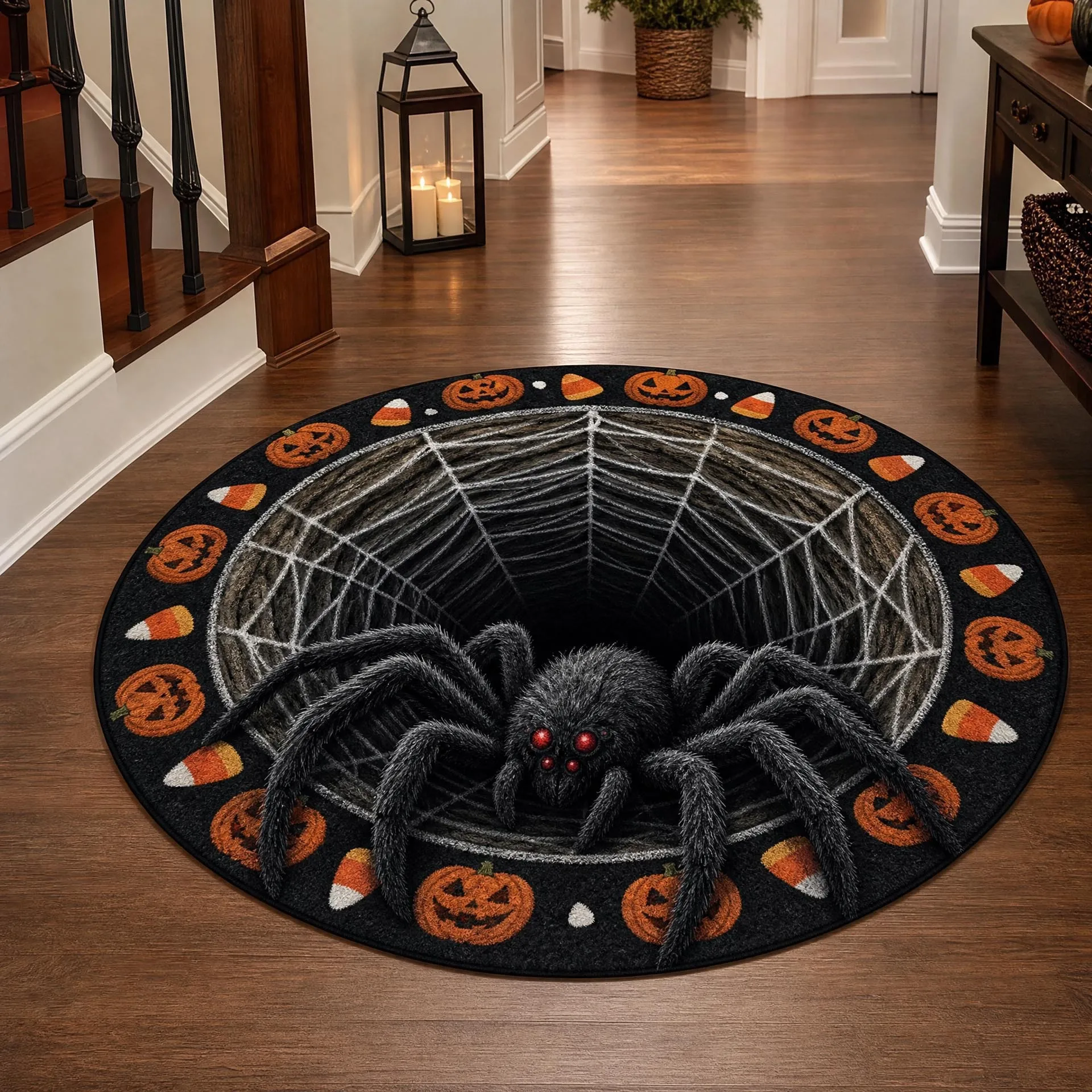 Halloween Round Printed Pumpkin Skull Plush Carpet Nonslip Indoor Outdoor Festival Entrance Floor Mat Multiple Sizes Available