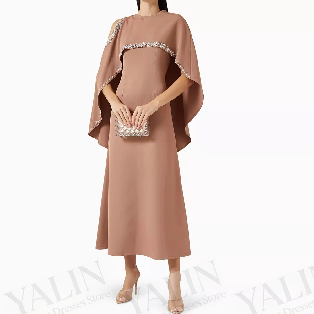 

Women's A-line Evening Dresses Tea-length O-neck Sleeveless Prom Gown Fashion Crystal Stole Simple Draped Customized Gowns