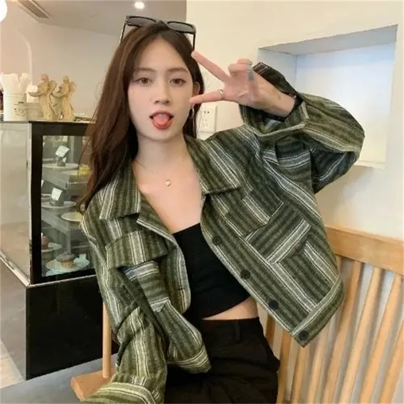 

Korean Women Fashion Leisure Stripe Blouse Jacket Spring Autumn Ladies Shirt Outwear 2025 Femme Advanced Long Sleeves Tops Coat