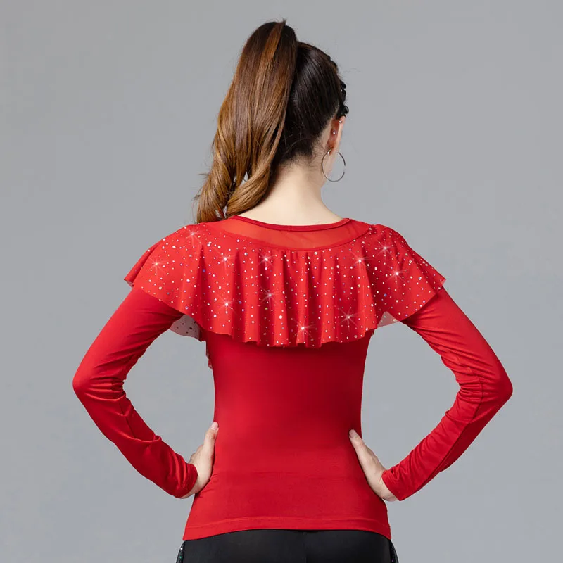 Nueva blusa de baile moderno para mujer, vestido de entrenamiento de baile de malla, baile latino estándar nacional cuadrado