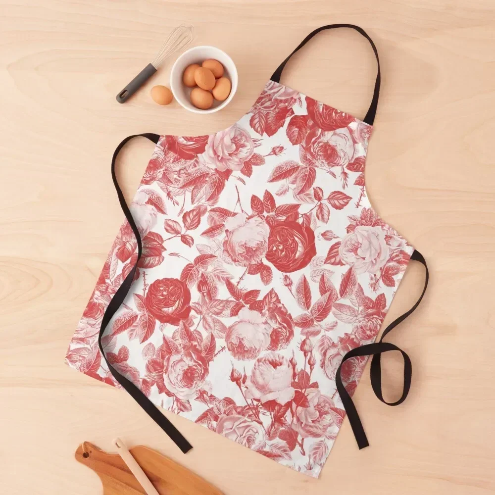 

Romantic Toile Red Roses Garden Floral on White Apron Kitchen Novel Kitchen Accessories kitchen utensil Barista Apron
