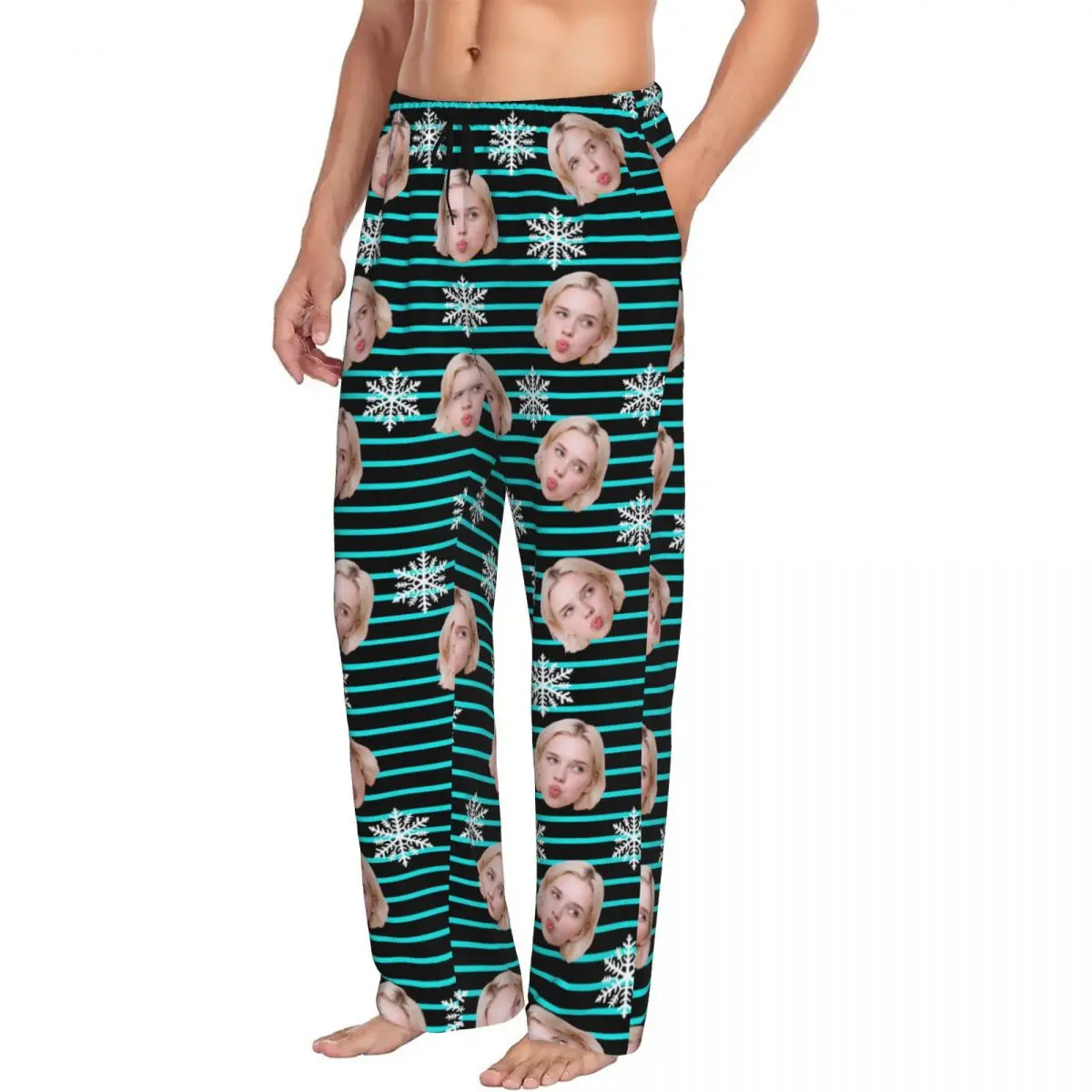Pantalones de pijama personalizados con foto de cara navideña para hombre, ropa de dormir, pantalones elásticos con bolsillos