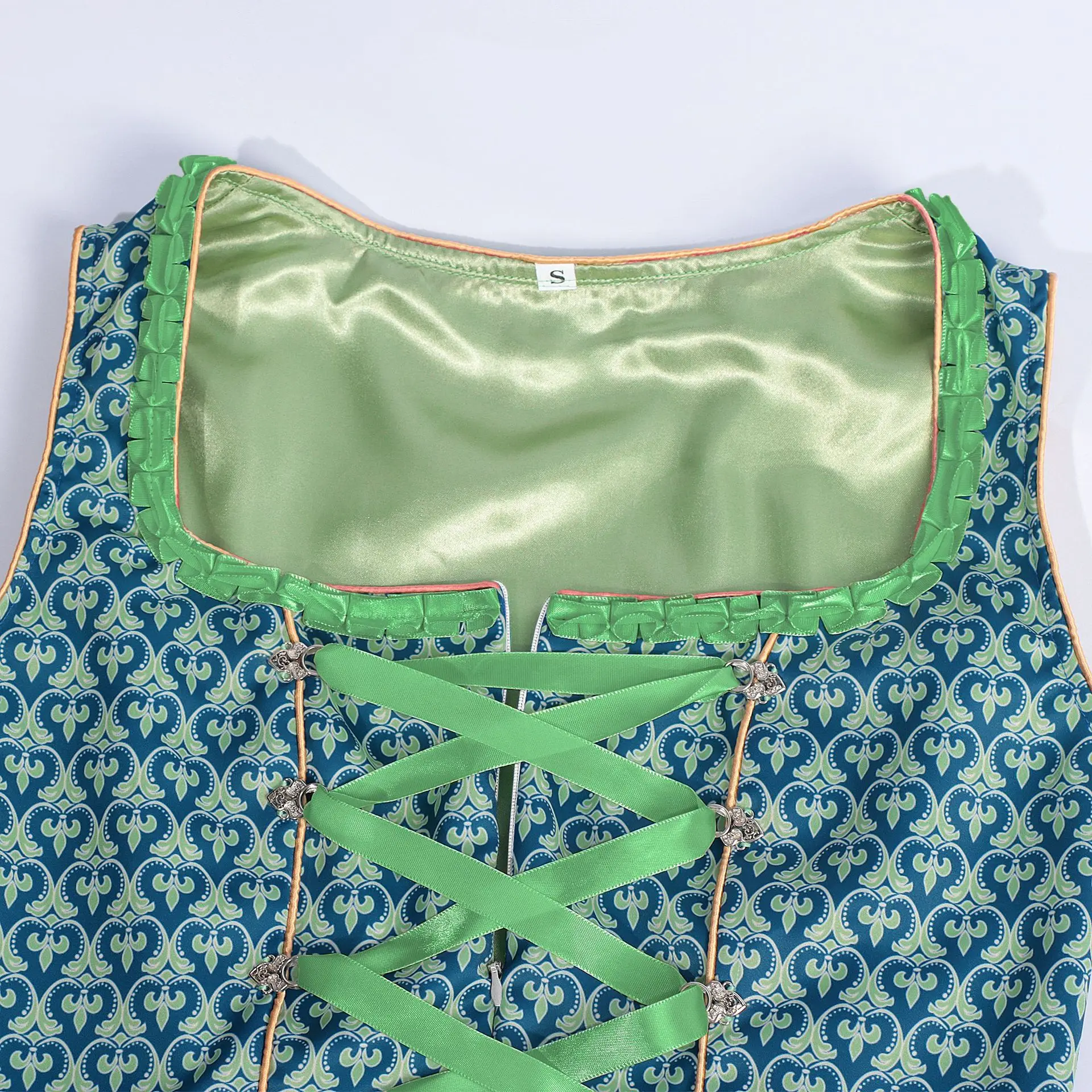 فستان ديرندل البافاري التقليدي، رقبة مربعة بدون أكمام، طباعة زهور، دانتيل أخضر - تصميم. مع القوس - ربط حزام الخصر، لكل