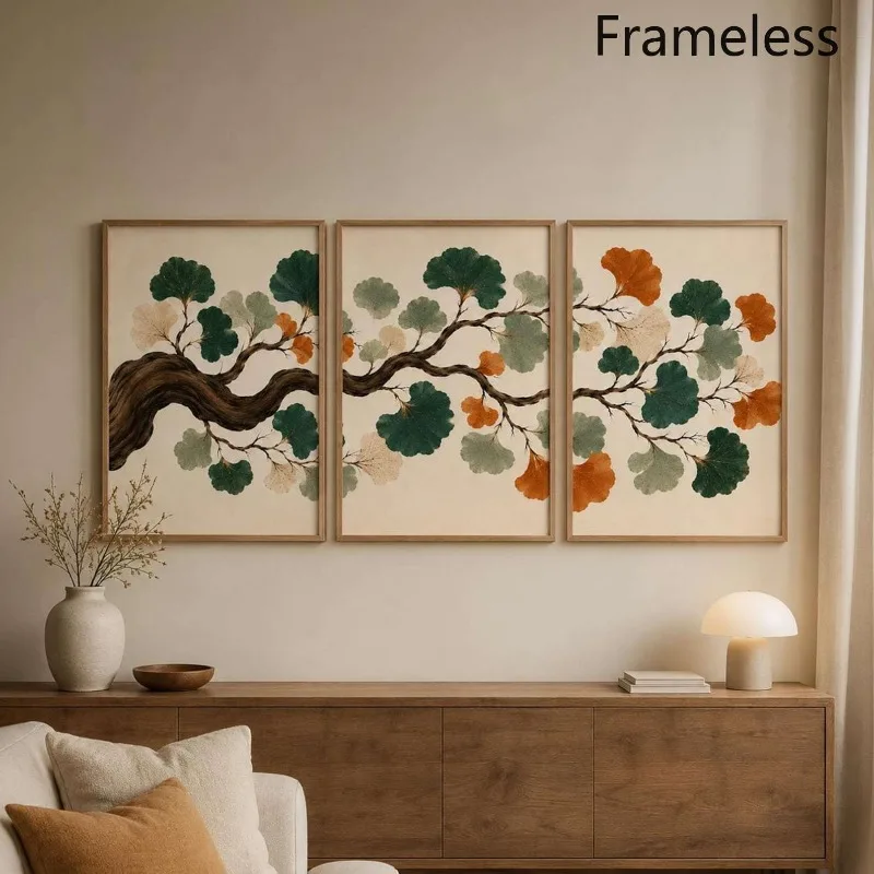 (No frame)2D Flat, 3pcs Modern Botanical Wall Art Prints - Vertical Emerald Green & Burnt Orange Tree Suitable for Living Roo