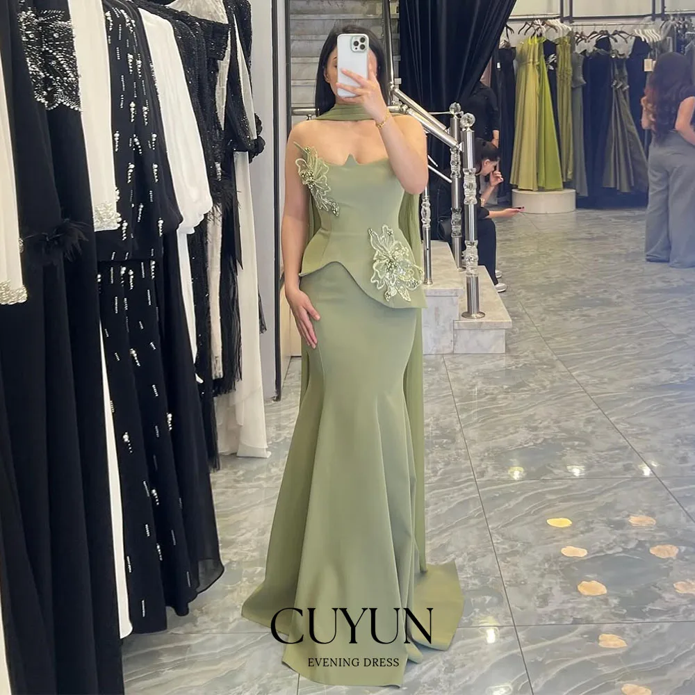 

CUYUN светло-зеленые роскошные женские вечерние платья с цветочной аппликацией без бретелек полурусалка вечернее платье по индивидуальному заказу вечерние платья