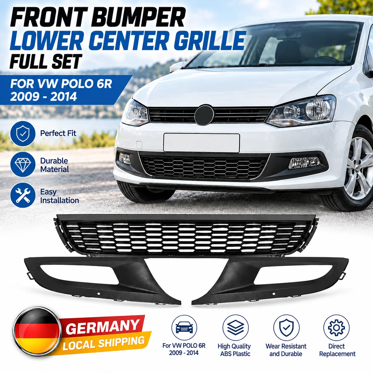 Set completo di griglia centrale inferiore per paraurti anteriore per VW Polo 6R 2009 2010 2011 2012 2013 2014, accessori per auto