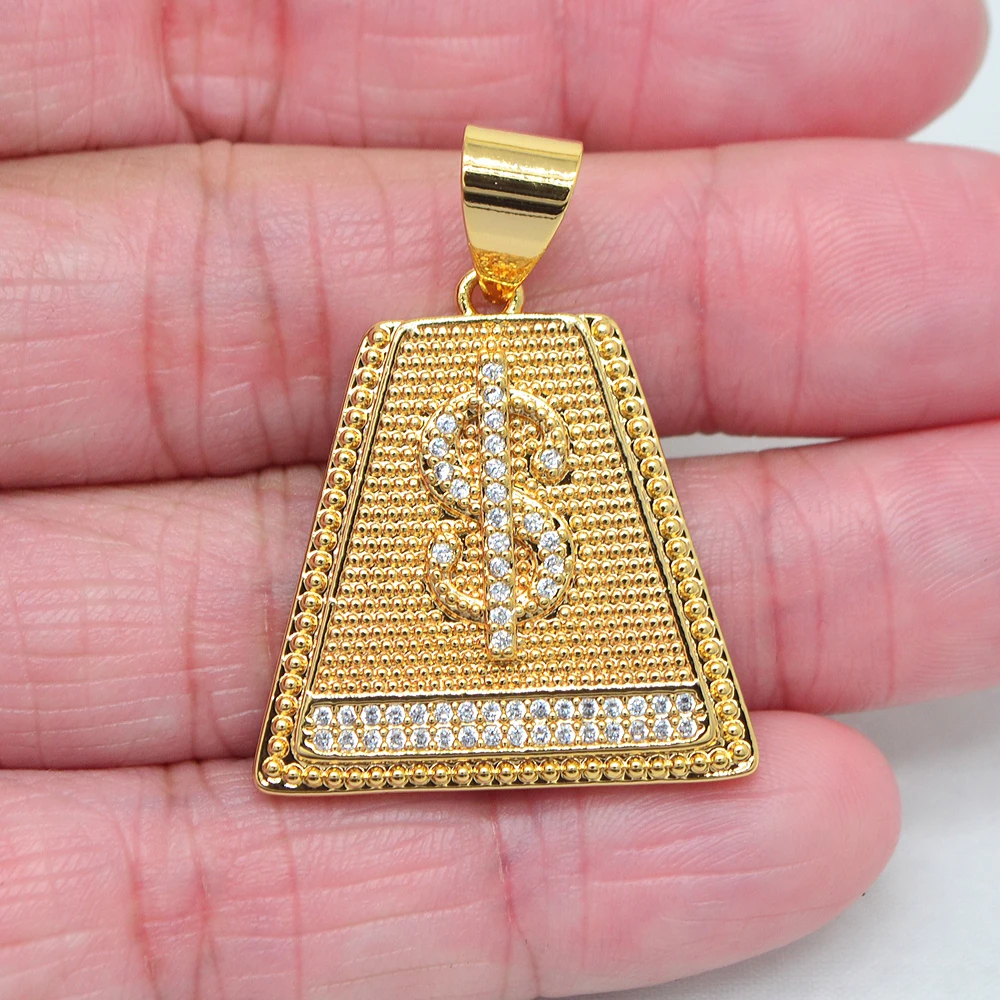 High Quality Gold Color Clear Cubic Zirconia Bling Hip Hop Dollar Sign trapezoid Pendant Jewelry