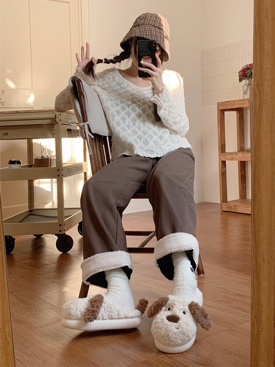 Cute Winter Dog Warm Cotton Slippers For Men And Women Plush Thick Sole Home Slipper Non Slip Couple's Household Shoes