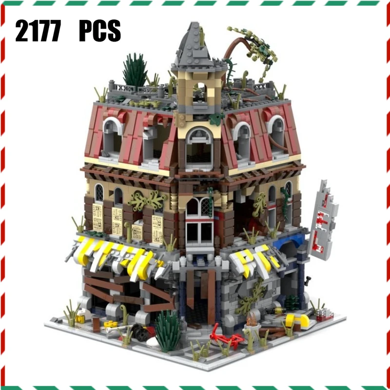 MOC Café Shop Building Blocks 2177 PCS Post-Apocalyptic Street Corner Model, Ruined City Bricks Set Creative Display for Adults