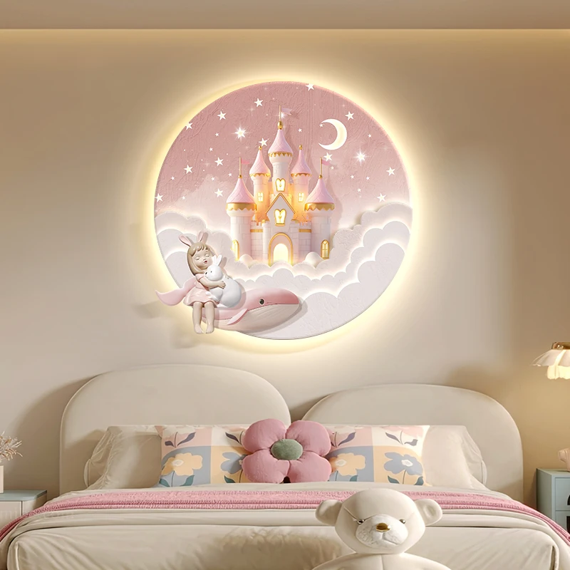 Children's room LED wall lamp - Girl's pink novel and creative cartoon castle - Painting for children's bedroom LED lamp