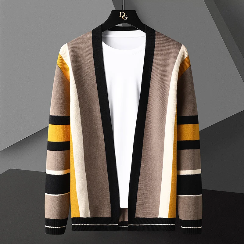 

Winter New Fall Contrast Knit Cardigan Men Sweaters Brand Luxury Wool Sweater Coat Plus Size Mens Cardigans Korean Male Jacket