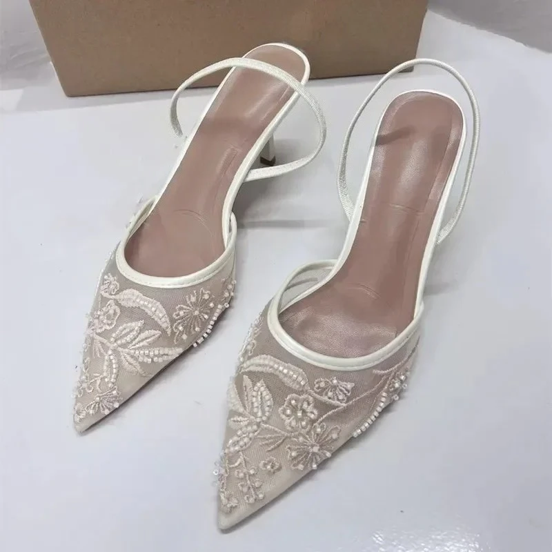 

Summer Women Designer Mesh Open Heel Sandals Shoes Fashion Print Pointed End Women High-heel Pumps Sexy Stiletto Lady Mules