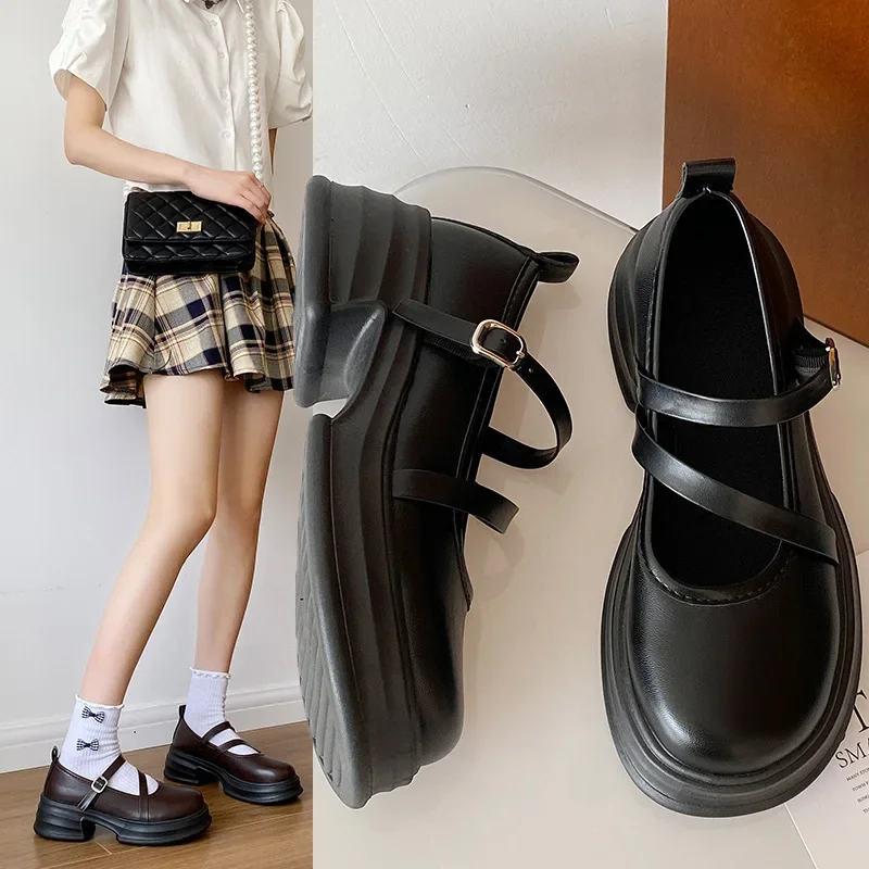 

Brown round Head Thick Heel Mary Janes Women's Shoes Retro British Style Japanese System Spring New Arrival JK Versatile Flats