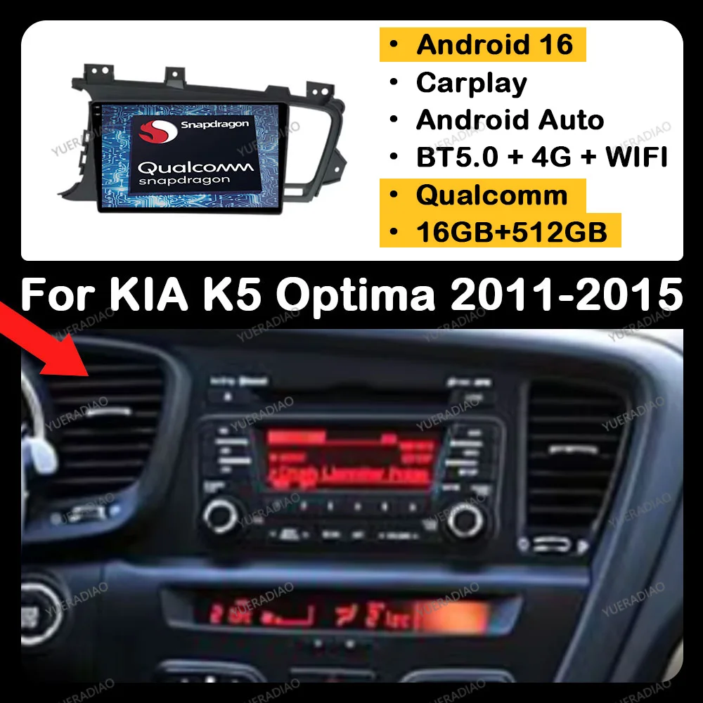 Radio para Auto Android 16 para KIA K5 Optima 3 2011-2015, Unidad Principal con GPS, Navegación, 4G, WIFI, QLED, BT, Reproductor Multimedia Estéreo, Video, Qualcomm