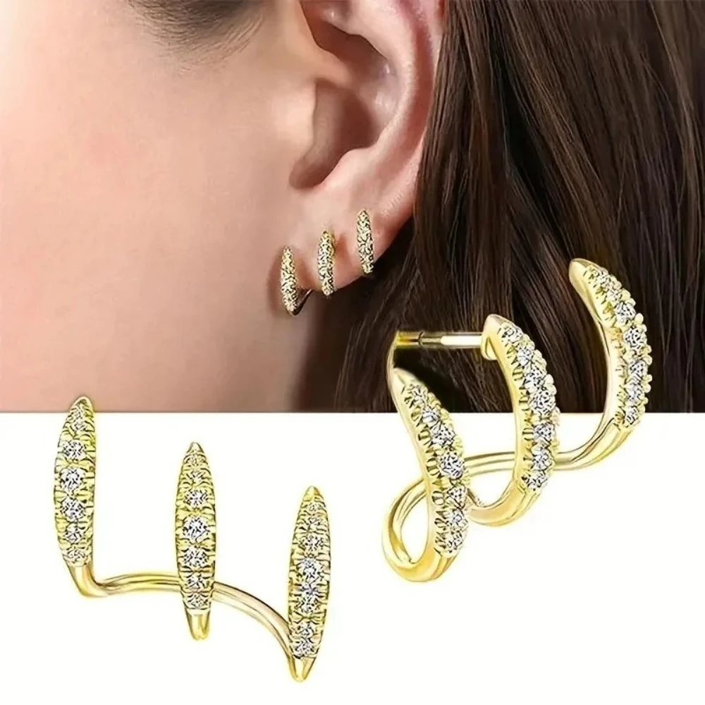 1-Pair Three Thread Claw Design Women's Earrings Multi Color Artificial Crystal Fashion Versatile Women's Through Ear Earrings