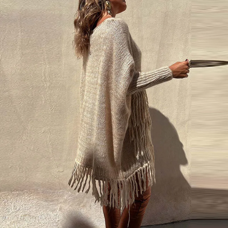 Vintage Long Sleeve Tassel Pocket Pullover Jumper Harajuku Female V Neck Top Knitwear Women Fashion Loose Casual Knitted Sweater