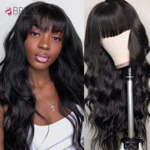 Imagen 2 del producto Pelucas de cabello humano ondulado de 30 pulgadas con flequillo, pelucas de cabello humano hechas a máquina para mujeres, pelucas largas de Color Natural de 180% de densidad