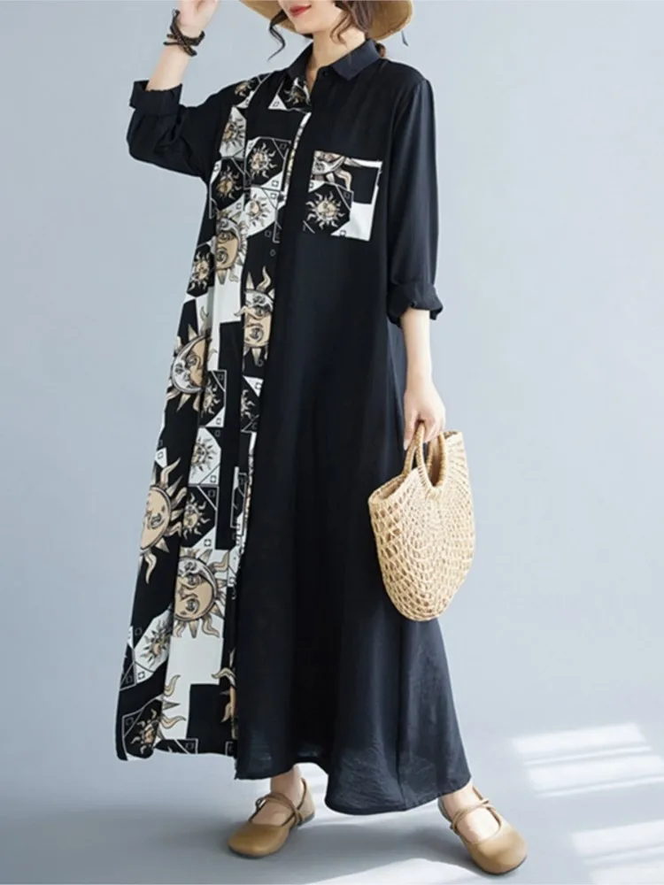 Oversized Summer Long Shirts Dress Women Irregular Print Patchwork Fashion Ladies Dresses Long Sleeve Loose Pleated Woman Dress