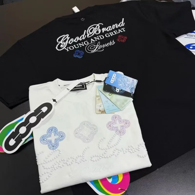 

Дышащая хлопковая футболка GOODBRAND с вышивкой стразами и цветами, с круглым вырезом и короткими рукавами, летняя, для мужчин и женщин, уличный стиль
