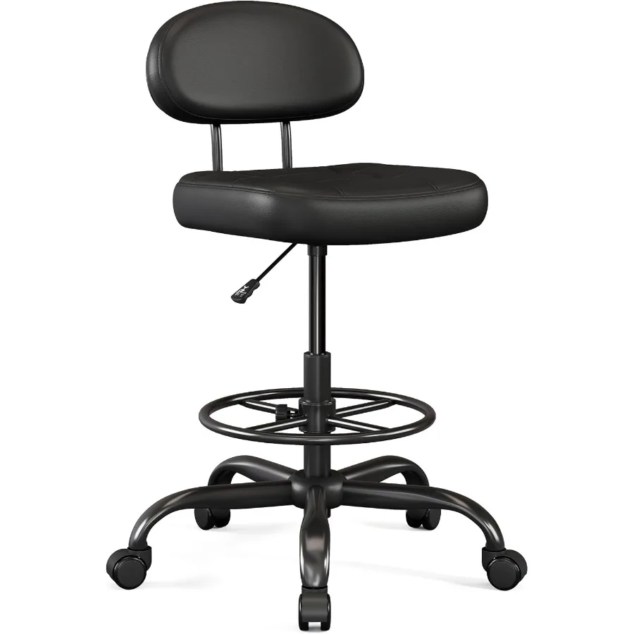 Armless Drafting Chair with Back, Tall Office Chair for Standing Desk, PU Faux Leather, Footrest Ring, Adjustable Height, 360°W