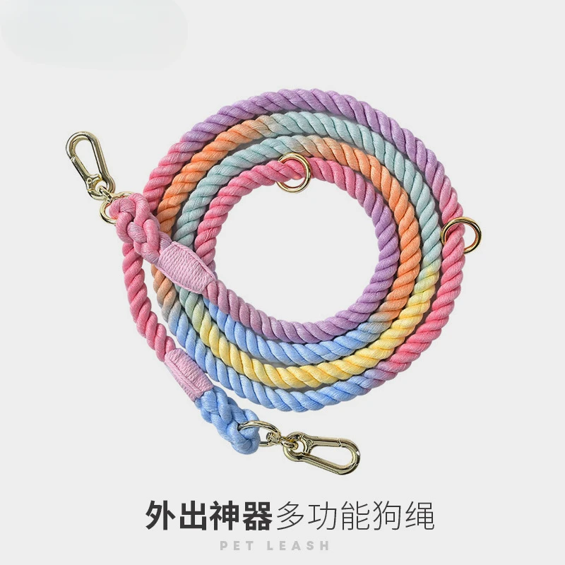 Popular Stylish Rainbow Colorful Dog Leash Handmade Braided Cotton Rope Dog Leash for Small Medium and Large Dogs