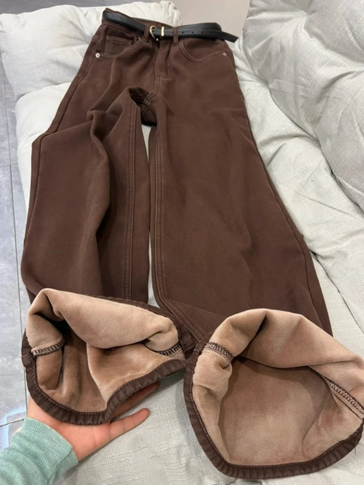 

Thiened Fce Широкие джинсовые джинсы женские осенне-зимние свободные прямые брюки большого размера с высокой талией удобные дышащие...