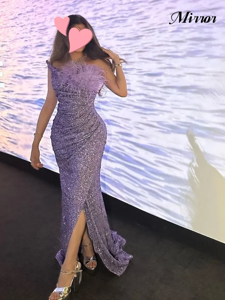 Mirror Dress Elegant Vintage Purple Sequin Feathers Mermaid Sexy Strapless Ruffle Formal Occasion Prom Dress Evening Party Gowns