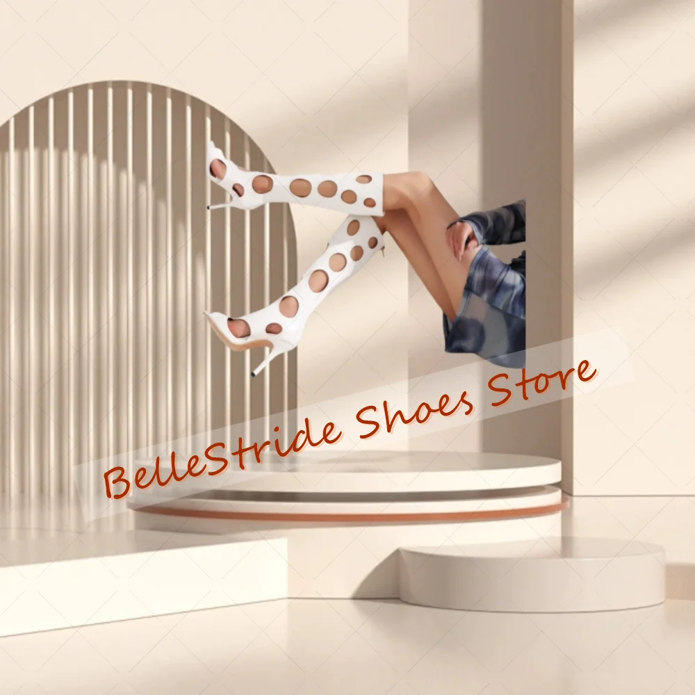

White Round Hollow Out Sandals Boots Back Zipper Women Shoes Stilettos High Heels Party Banquet Dating 2025 Zapatos Para Mujere