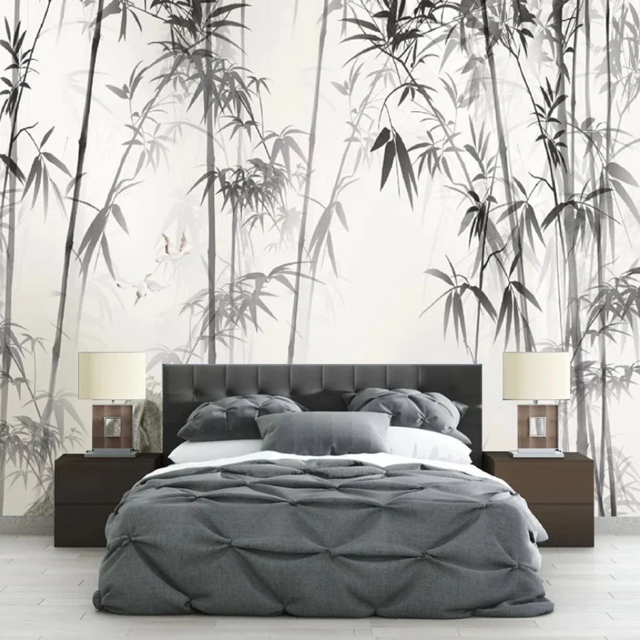 Customized Size Chinese Bamboo Grove Mural Ink Painting Art Black and White Wallpaper Living Room Bedroom Office Decoration