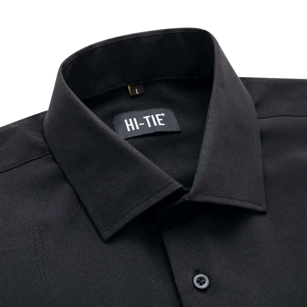 Hi-Tie Pure Black Silk Mens Shirts Plain Smooth Long Sleeve Formal Dress Blouse for Male Wedding Business Events Oversized Gift