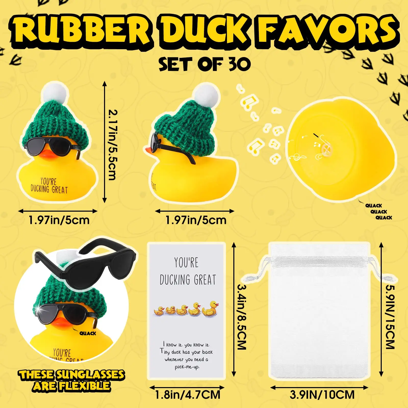 30 Sets  Rubber Ducks Thank You Gift Set You're Ducking Great Cheer up Cards Mini Rubber Ducks with Glasses and Hats with Card O