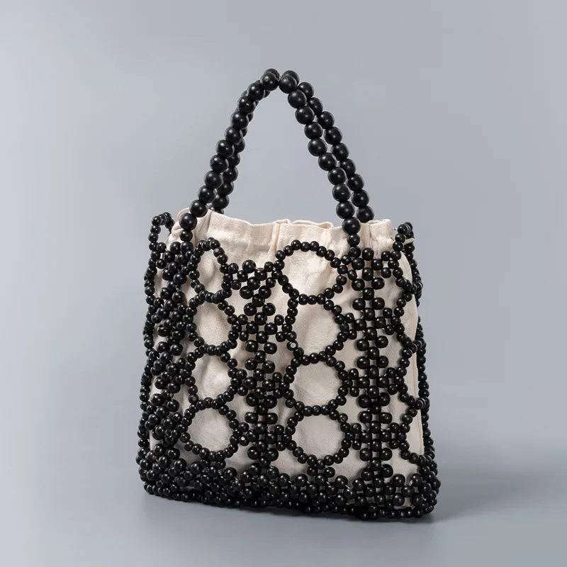 Casual Hollow Out Wooden Bead Crochet Tote Women's Beach Vacation Handmade Woven Bags Eco-friendly Contrasting Color Handbag