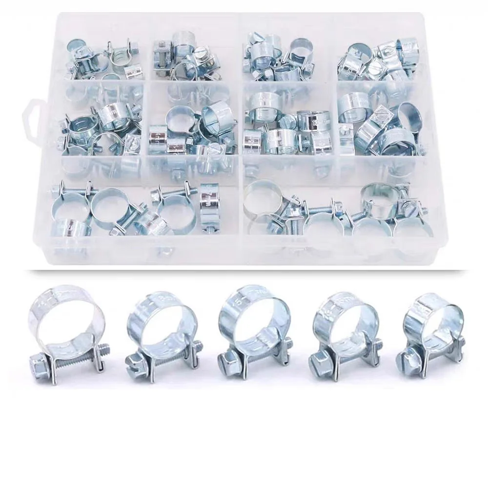 Assortment of 50 For Mini Hose Clamps for Automotive Fuel Systems and Home Plumbing Projects 8mm to 16mm Silver Metal