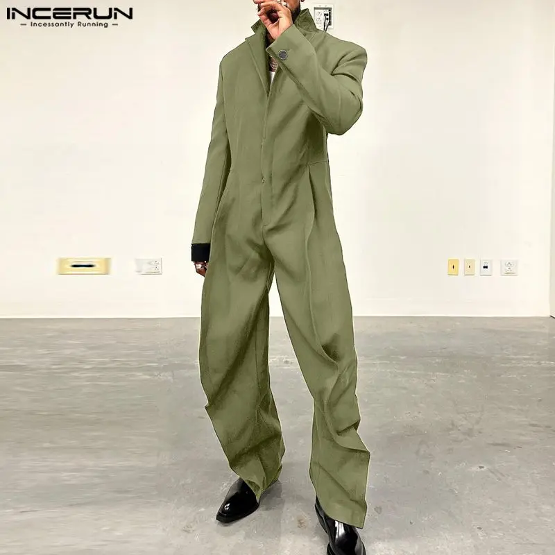 INCERUN Men Jumpsuits Solid Color Lapel Long Sleeve Loose Casual Rompers Men Streetwear 2024 Fashion Oversize Overalls S-5XL