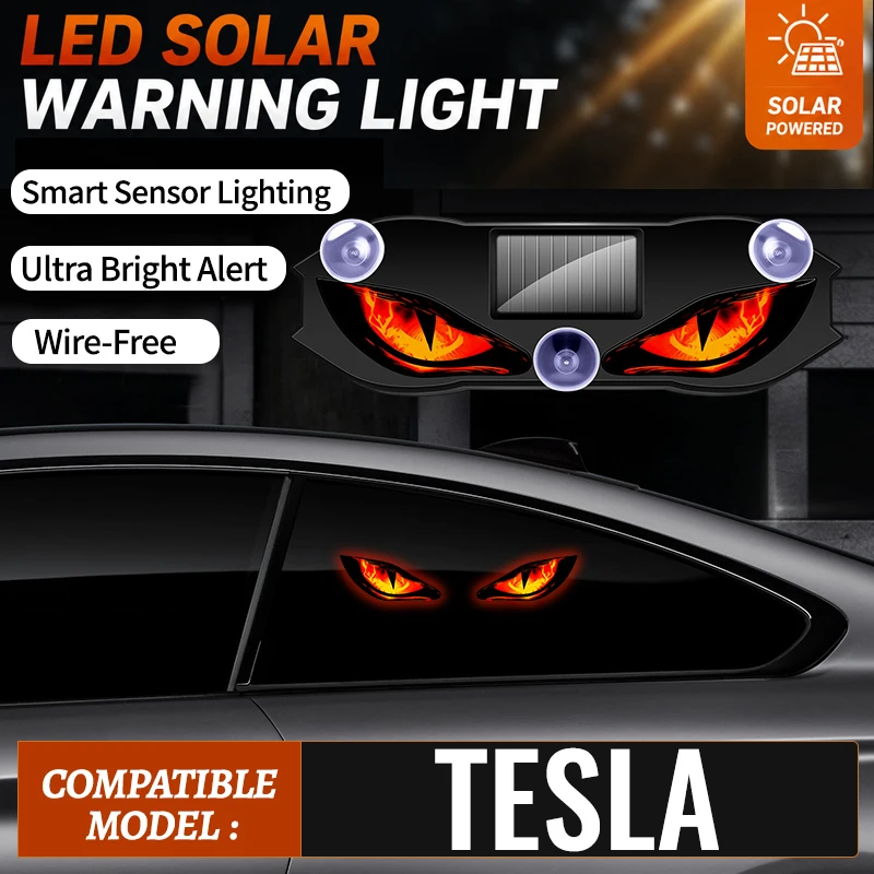Fits For TESLA Wireless Solar Car Sticker Light Devil Eye LED Warning Light Multi Mode Anti Rear End Collision Car Decor Light