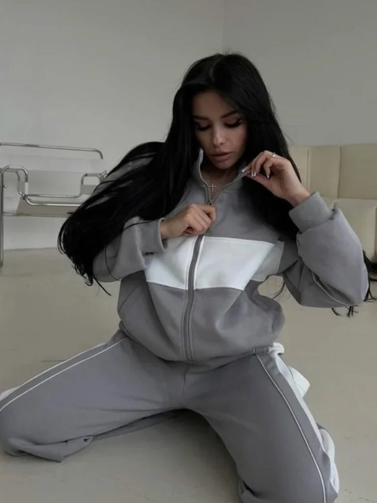 

Casual Women Color-matched Hoodie Pants Set Chic Stand Up Full Sleeves High Waist Suits 2025 fashion Lady Daily Commute outwear