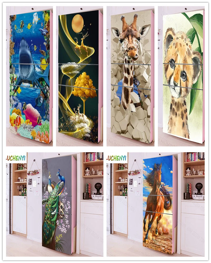 

Papel de parede animal giraffe horse shark peacoc refrigerator sticker door stickerkitchen fridge wallpaper mural , home decor