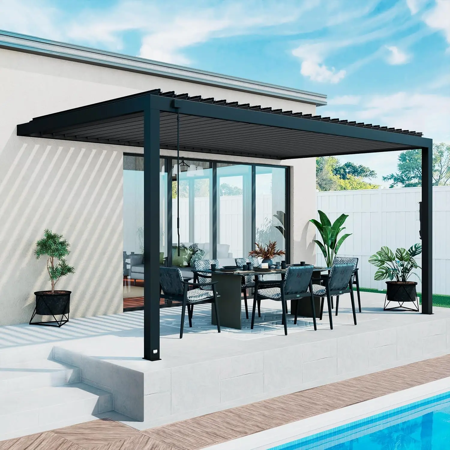 Evanston 16'x10' Galvanized Steel Wall-Mounted Louvered Pergola Kit with Adjustable Roof, Shade, Rain Protection, High-Wind Rati