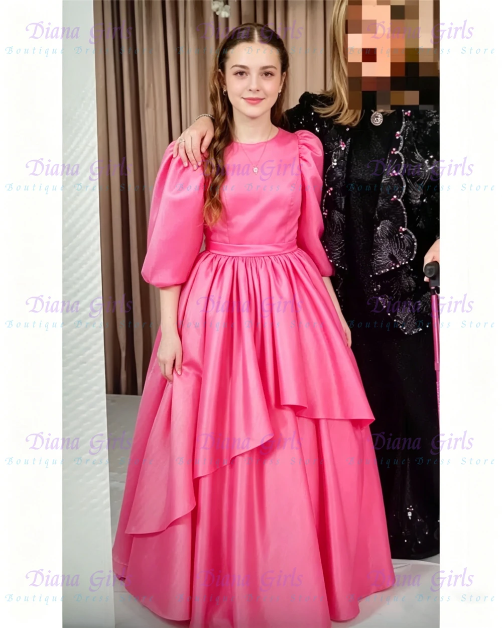 Elegantes Hochwertiges Satin-Blumenmädchenkleid mit Puffärmeln und Spitzenkragen für Mädchen, Schulterfreies Erstkommunion- und Abendkleid