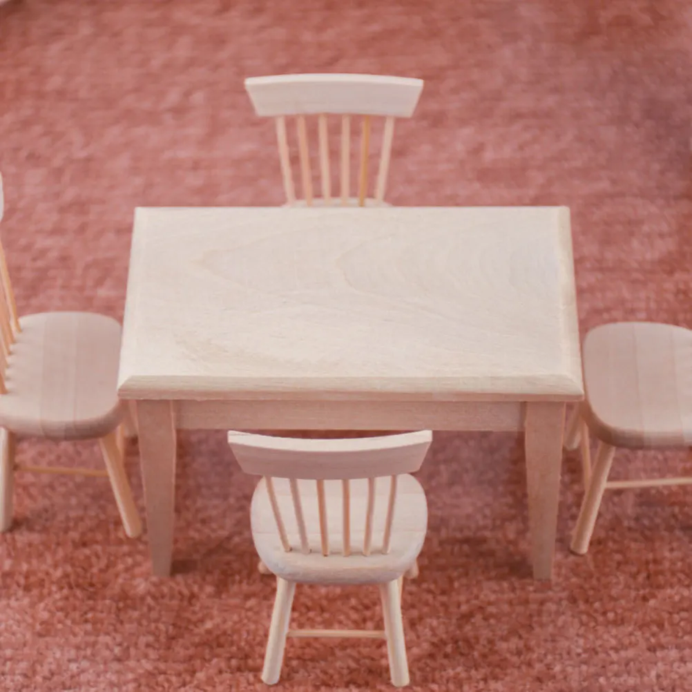 

1Set Miniature Desk Chair Set Solid Wood Table with 4 Chairs for Dollhouse Interior Decoration Layout Props Lightweight Stable