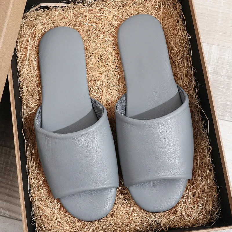 Cow Leather Slipper Womens Open Toe Slide Breathable Men Indoor Shoes